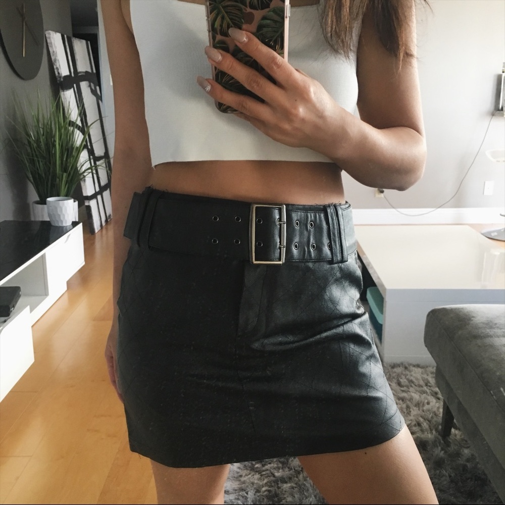 Black Faux Vegan Leather Quilted Skirt Coachella